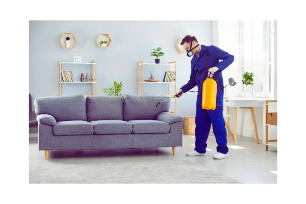 Pessoa passando produto na casa para remover pulgas e ovos do ambiente doméstico