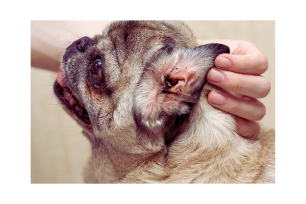 Orelha de cachorro com sinais de otite, vermelhidão e secreção