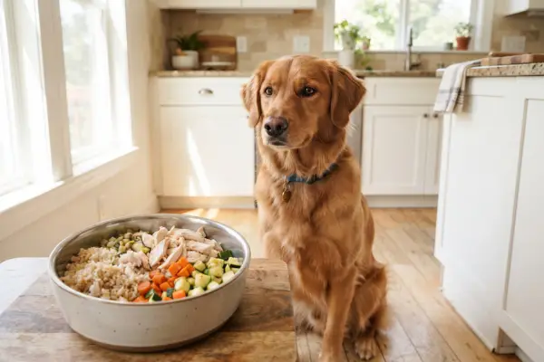 alimentação natural para cães: cachorro olhando tigela de comida caseira cozida