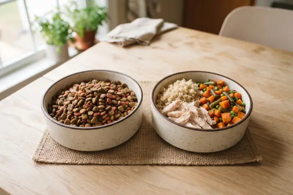 alimentação natural para cães x ração: duas tigelas lado a lado