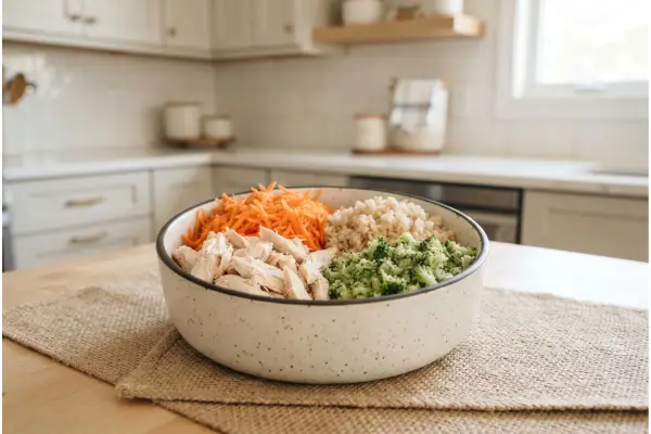 receita de alimentação natural para cães: frango com arroz e legumes