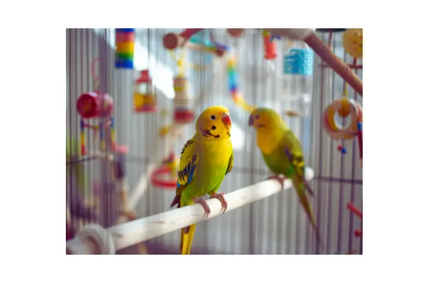 Acessórios importantes para aves domésticas, como poleiros, brinquedos e comedouros.