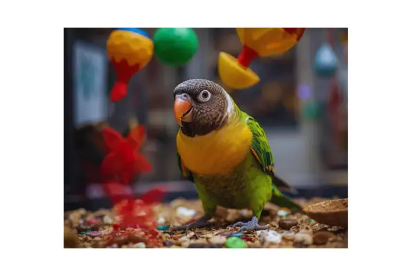 Ave doméstica brincando com brinquedos interativos, recebendo estímulos mentais e físicos.