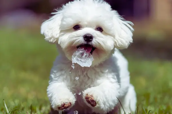 cachorro brincando com gelo para aliviar o calor