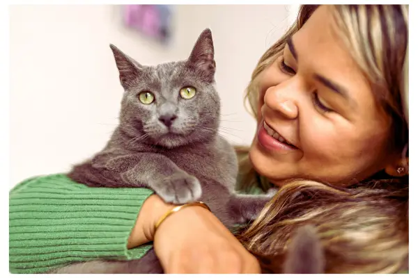tutor feliz com gato em casa adoção responsável