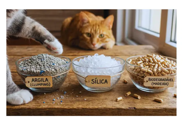 tipos de areia para gato comparação sílica argila biodegradável