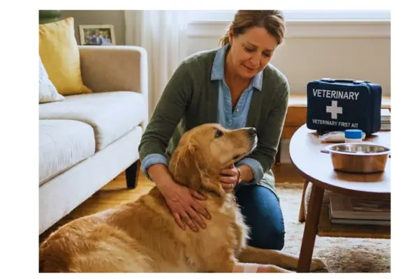 Tutor observando o bem-estar do cachorro após sinais de emergência