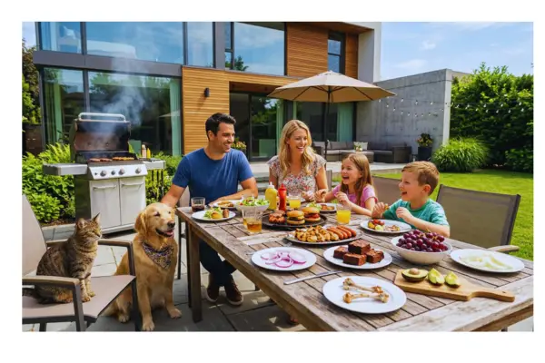 Churrasco com alimentos que podem ser perigosos para cães e gatos