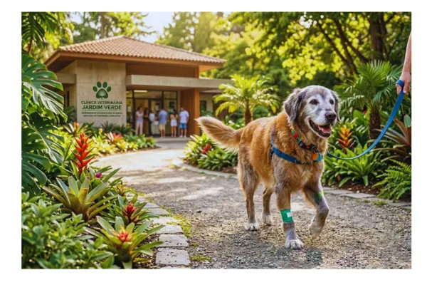 cachorro idoso saudável passeando após acompanhamento veterinário