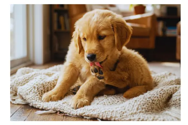 filhote de golden retriever lambendo a pata, um dos sinais de alergia alimentar em cachorro