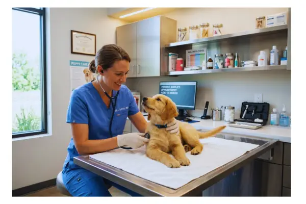 médica-veterinária examinando cachorro durante consulta para diagnóstico de alergia alimentar