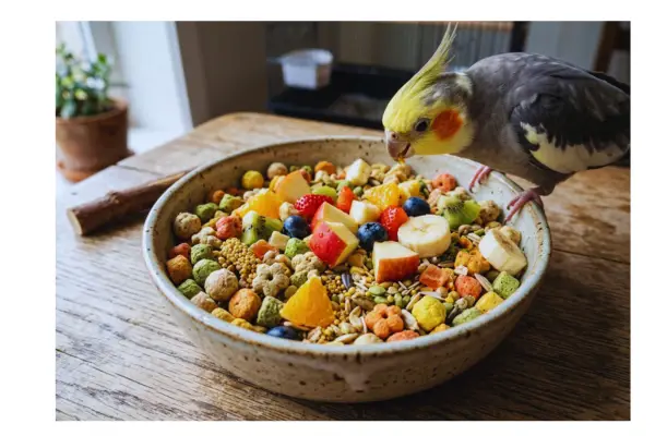 ração extrusada e frutas frescas na alimentação da calopsita