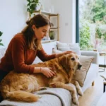 Caroço em Cachorro: Pode Ser Câncer? Veja os Sinais tutora fazendo carinho e examinando caroço em cachorro idoso no sofá