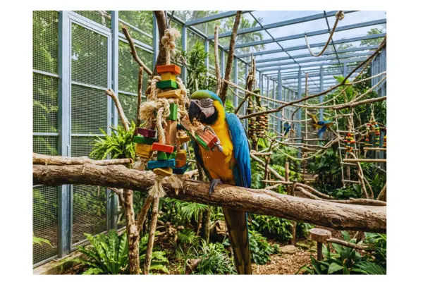 Arara em viveiro amplo com brinquedos de roer, mostrando o espaço que a ave precisa