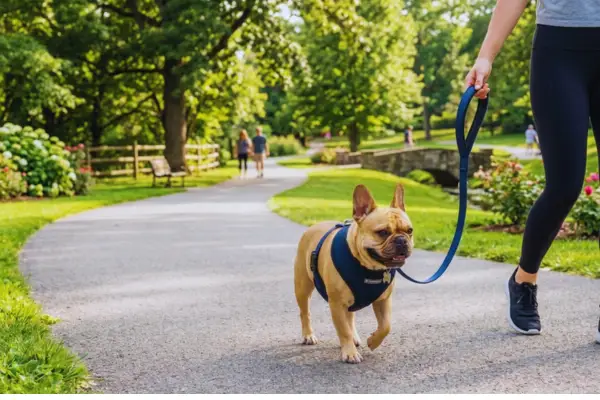 Bulldog francês passeando com peitoral em vez de coleira