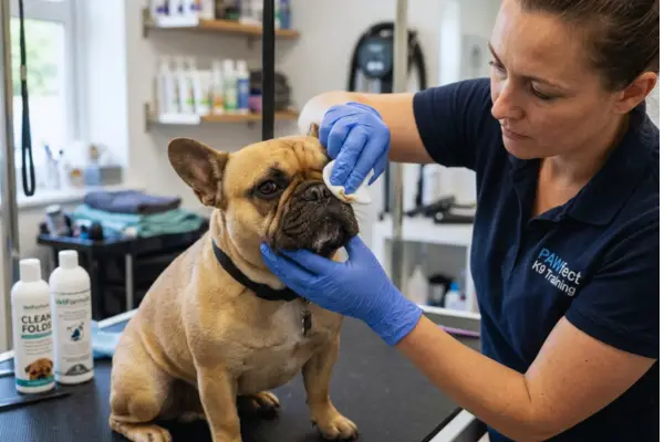 Limpeza das dobras do focinho de um bulldog francês com gaze