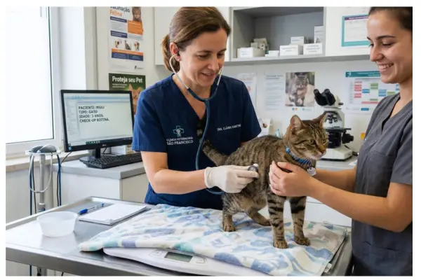 veterinário examinando gato durante consulta de rotina