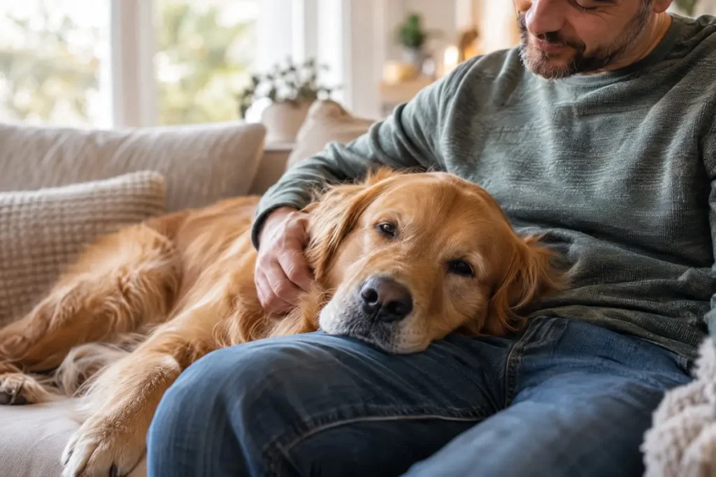 Cachorro apoiando a cabeça no colo do tutor, um dos sinais de vínculo