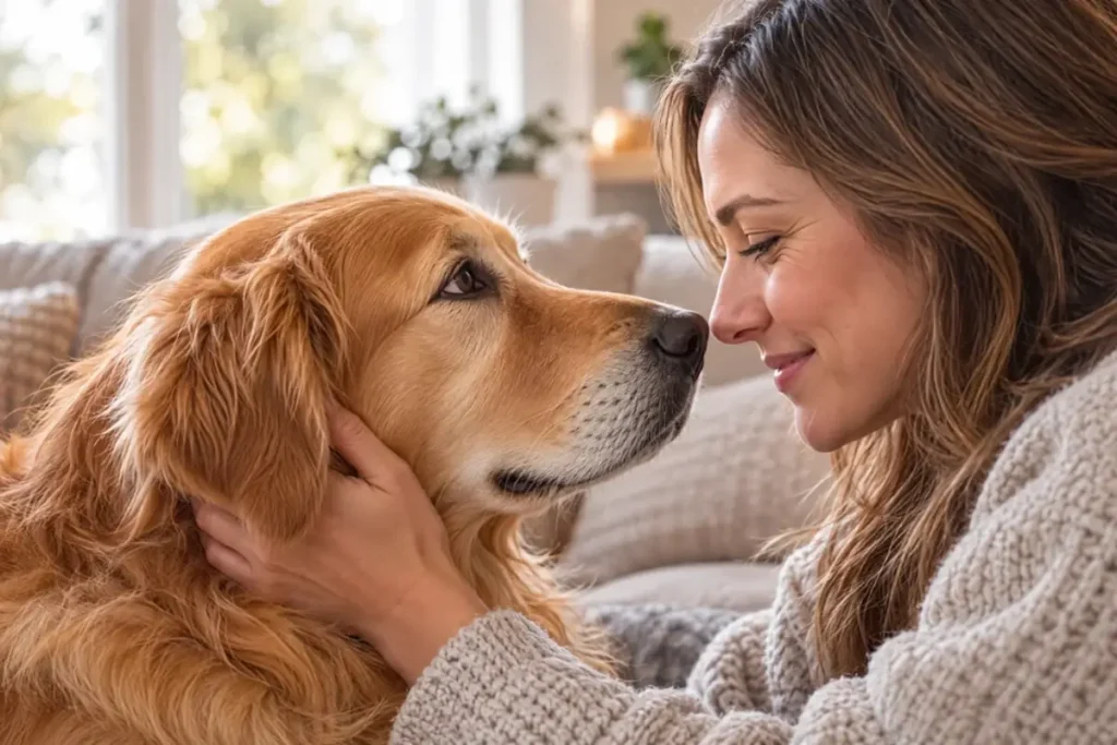 Cachorro olhando para o dono com olhar suave, como se estivesse piscando
