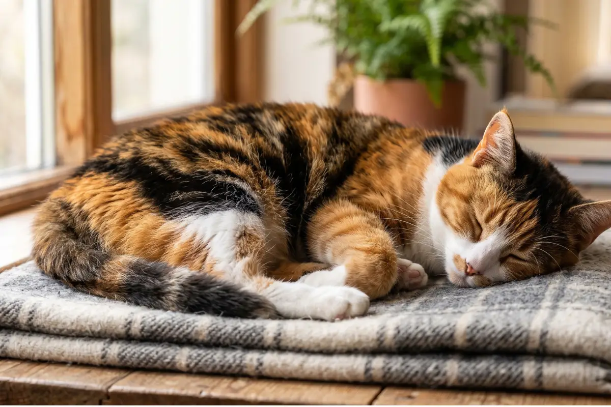 Gata calico com pelagem tricolor de laranja, preto e branco, exemplo de fêmea com o gene do laranja
