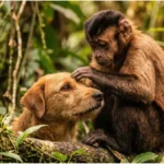 Como Socializar um Cachorro Medroso e Inseguro: o Passo a Passo que Funciona Macaco selvagem fazendo carinho em um cachorro, ilustração do vínculo entre espécies citado em estudo de Oxford sobre a origem do hábito de ter pets