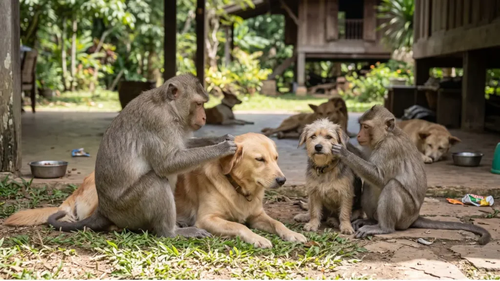 Na Tailândia, pesquisadores flagraram macacos-de-cauda-de-porco fazendo a catação (aquele cafuné de limpeza) em cães domésticos