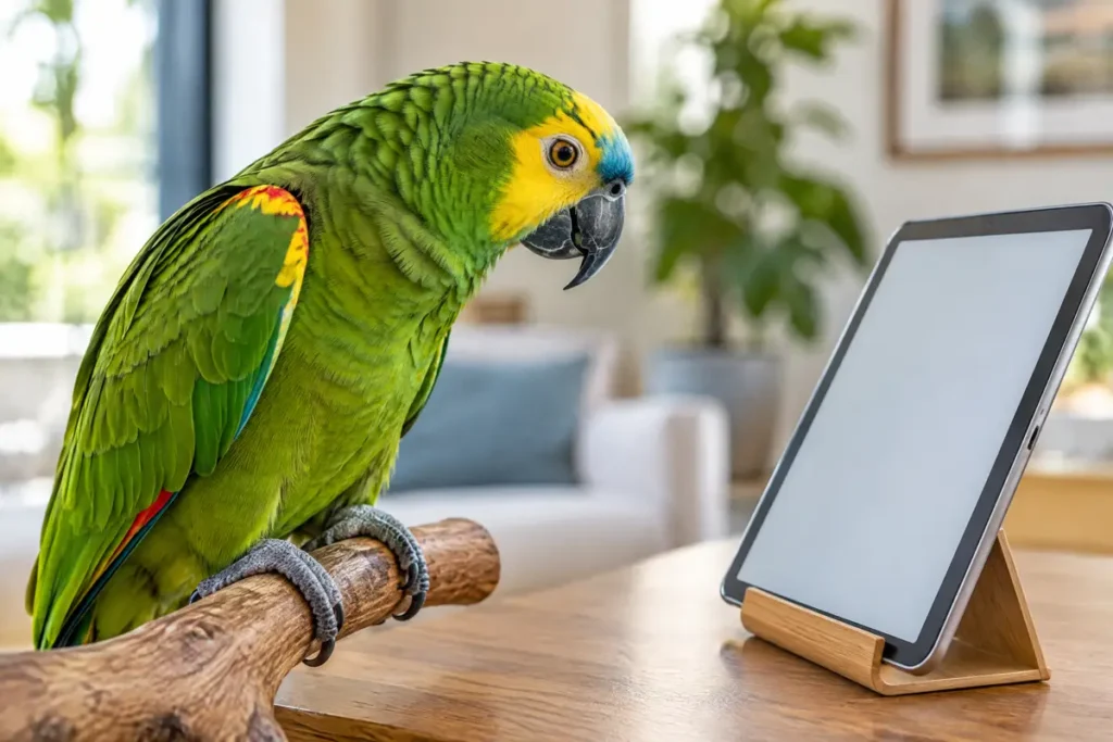 Papagaio de estimação olhando para a tela de um tablet, remetendo às videochamadas do estudo