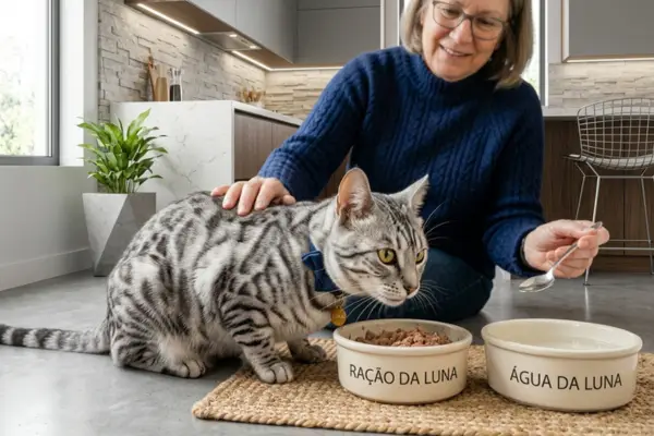 Suplemento para gato: felino adulto saudável junto ao pote de ração