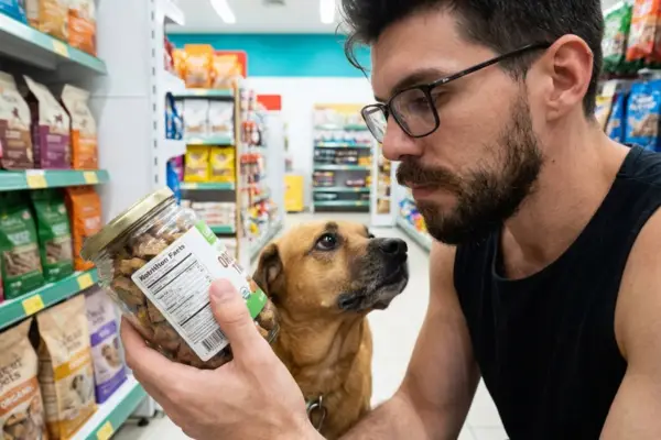 Tutor avaliando se deve dar suplemento para cachorro, lendo o rótulo