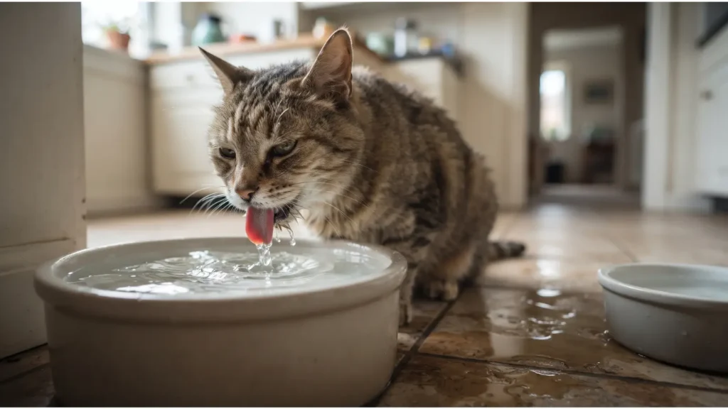 Gato bebendo água em excesso, um dos sinais da doença renal em gatos
