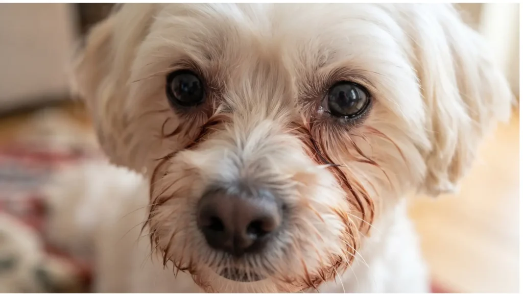 Manchas de lágrima abaixo dos olhos de um Shih Tzu