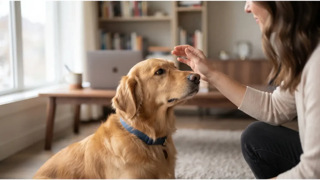 Tutor usando gestos para se comunicar com o cão, base da inteligência artificial para cães criada pelos cientistas