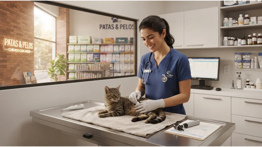 Veterinario atende um gato com cuidado durante a consulta