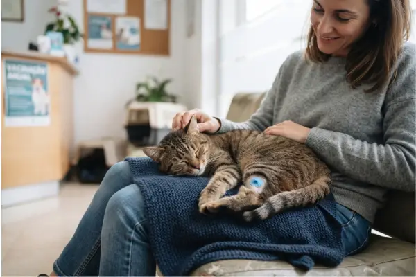 calendário de vacinação: gato descansando no colo do tutor após a vacina