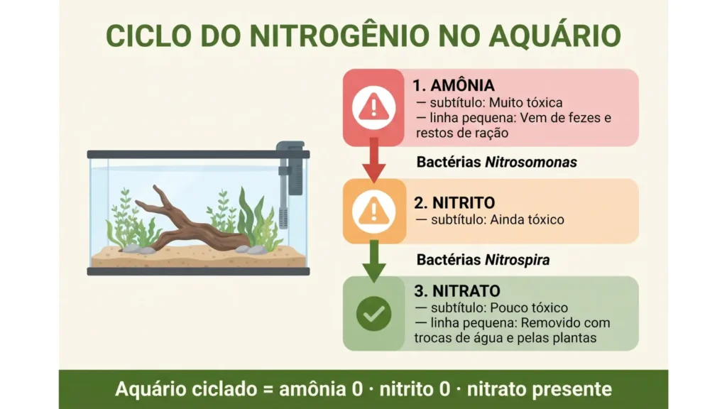 ciclagem do aquário: teste de água com reagente líquido em frente a aquário novo sem peixes