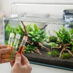 Como Montar um Aquário do Zero: Guia Completo para Iniciantes ciclagem do aquário: teste de água com reagente líquido em frente a aquário novo sem peixes