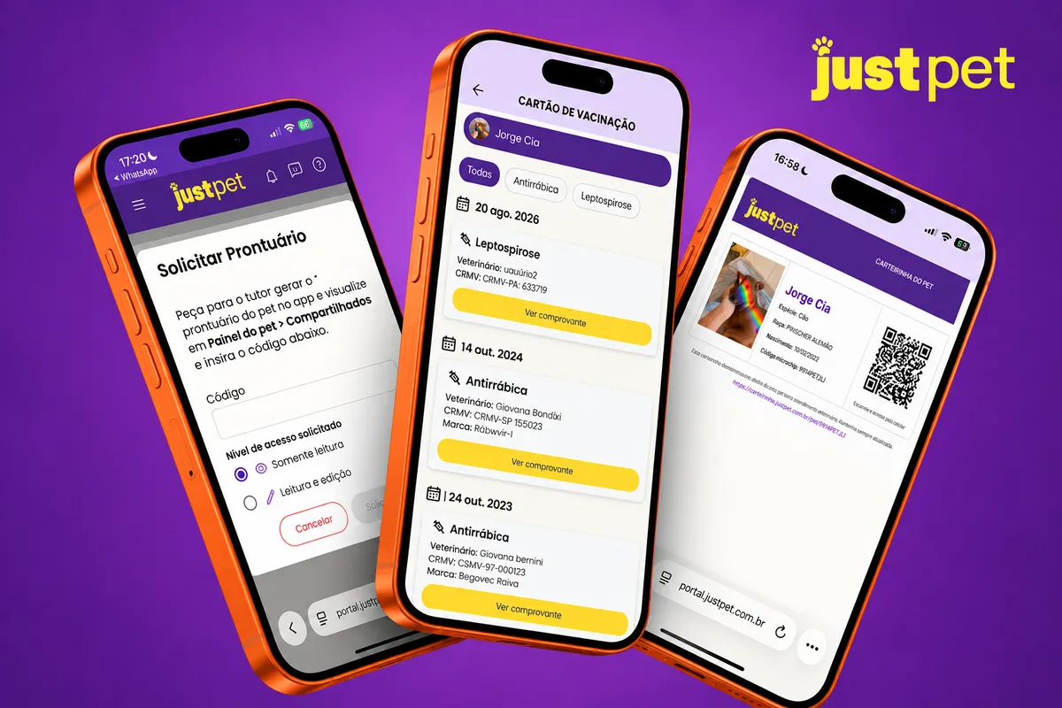 carteira de vacinação digital do JustPet com cartão de vacinas e prontuário compartilhável